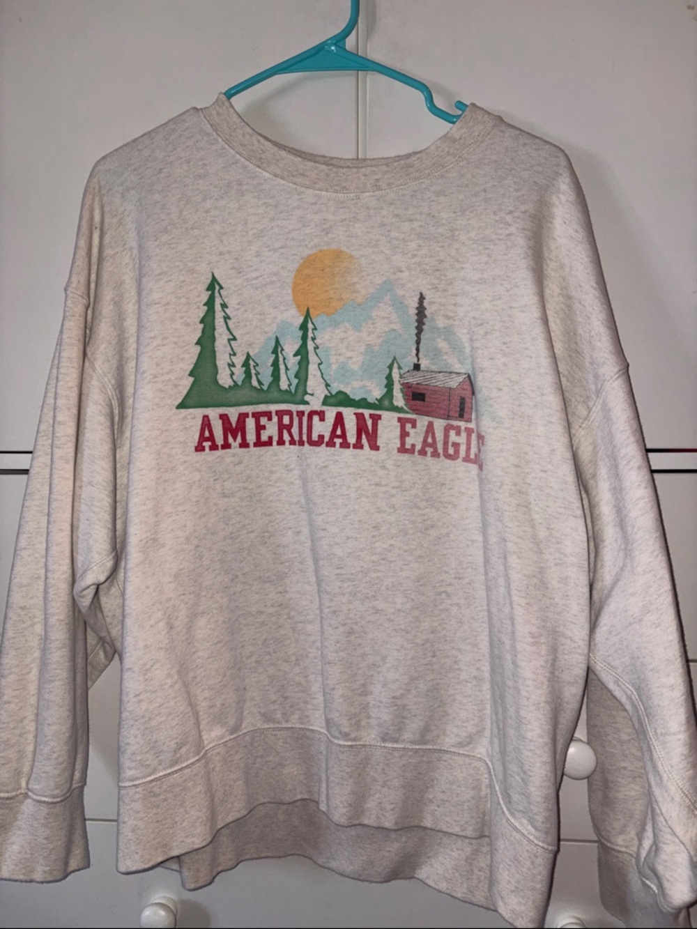 American Eagle Outfitters Cream Graphic Mountain & Cabin Sweatshirt